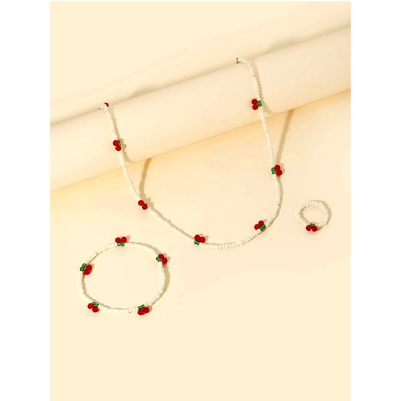 IVORY OFF WHITE 3 PIECE BEAD CHERRY DECOR RING NECKLACE & BRACELET JEWELRY SET - Picture 1 of 4